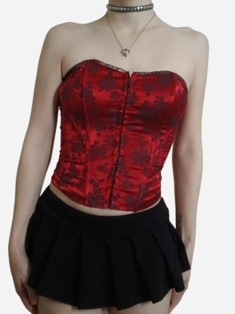 Forever 21 Black and Red Floral Lace Bustier Top